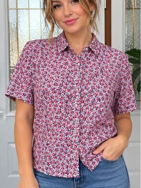 GAP Women’s Boyfriend Short-Sleeve Floral Button-Up Shirt - Pink & Blue